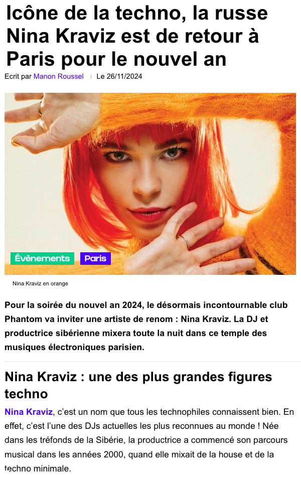 RC AR Page Intenet. Icône de la techno, la russe Nina Kraviz est de retour à Paris pour le Nouvel An, écrit par Manon Roussel. 2024-12-31.jpg